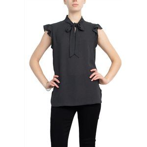 Counterparts Tie Neck Flutter Sleeve Mini Polka Dot Print Crepe Top Black Whi Wh